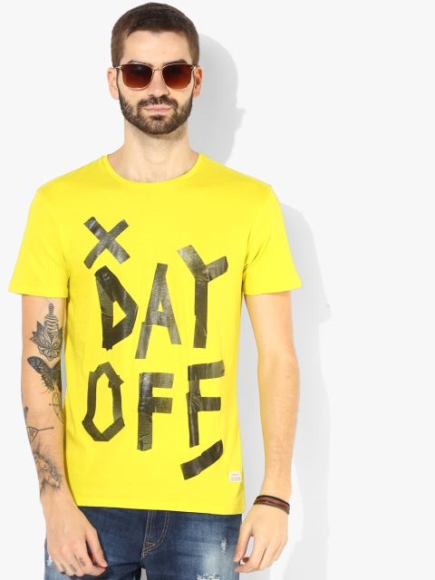 

Yellow Printed Regular Fit Round Neck T-Shirt
