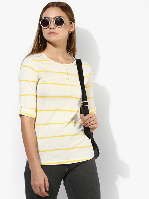 

Wildcraft Women Cream-Coloured & Yellow Striped Henley Neck T-shirt