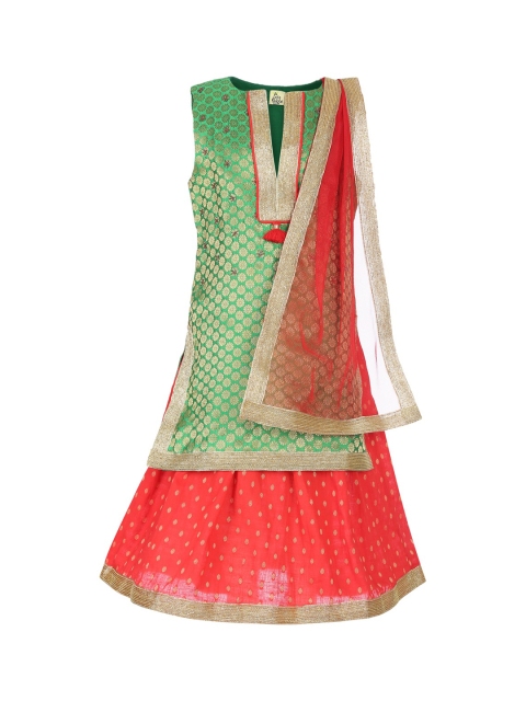 

A Little Fable Girls Green & Orange Self Design Kurti with Skirt & Dupatta
