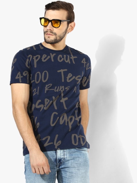 

Navy Blue Printed Slim Fit Round Neck T-Shirt