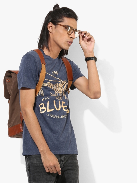 

Navy Blue Printed Regular Fit Round Neck T-Shirt