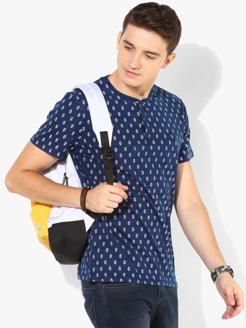 

Navy Blue Printed Slim Fit Henley T-Shirt