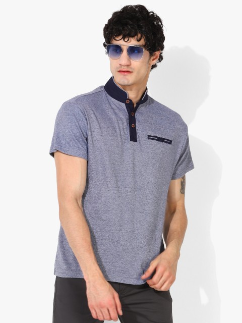 

Blue Self Design Regular Fit Mandarin T-Shirt