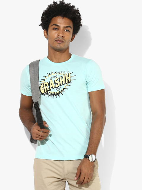 

Turquoise Blue Printed Regular Fit Round Neck T-Shirt