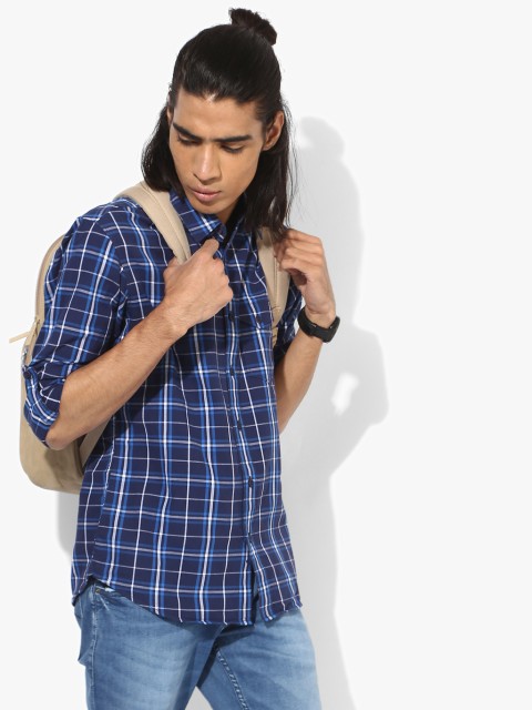 

Navy Blue Checked Slim Fit Casual Shirt