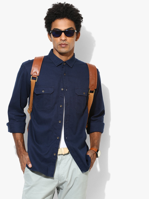 

Navy Blue Solid Regular Fit Casual Shirt