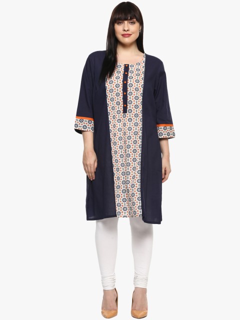 

ALTOMODA by Pantaloons Plus Size Women Navy Blue Off-White Ethnic Printed Straight Kurta
