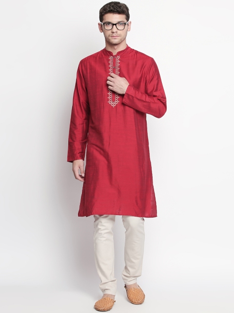 

indus route by Pantaloons Men Maroon Embroidered Straight Kurta