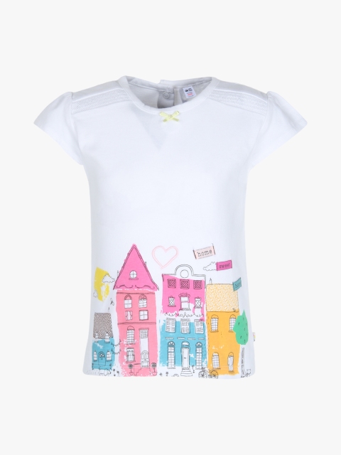 

FS Mini Klub Girls White & Pink Printed Pure Cotton Top with Applique & Smocking Detail