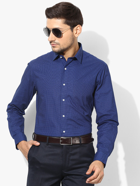 

Navy Blue Printed Slim Fit Formal Shirt