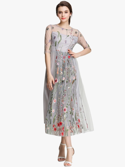 

JC Collection Grey Coloured Embroidered Maxi Dress