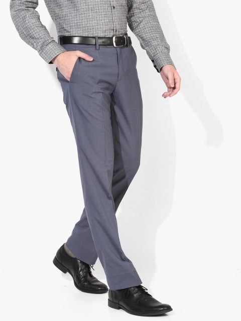 Grey Striped Mid-Rise Slim Fit Formal Trouser