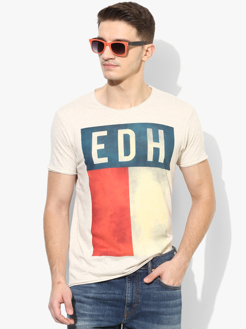 

Beige Printed Slim Fit Round Neck T-Shirt