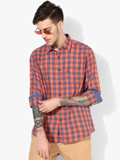 

Orange Checked Slim Fit Casual Shirt
