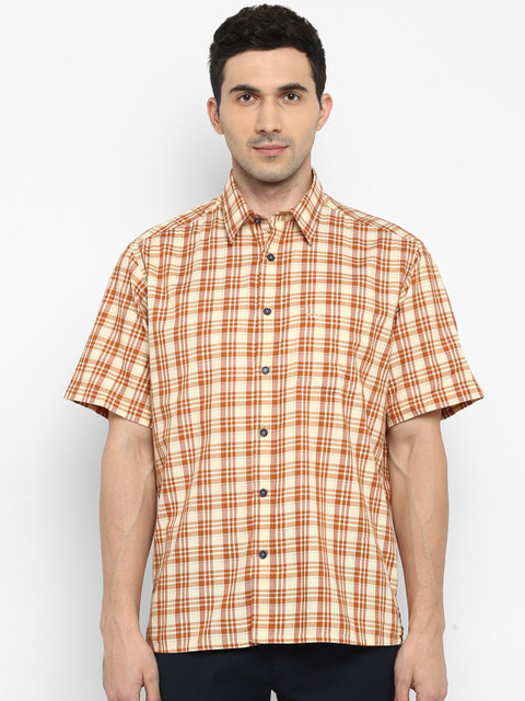 

ColorPlus Men Yellow & Rust Brown Regular Fit Checked Casual Shirt
