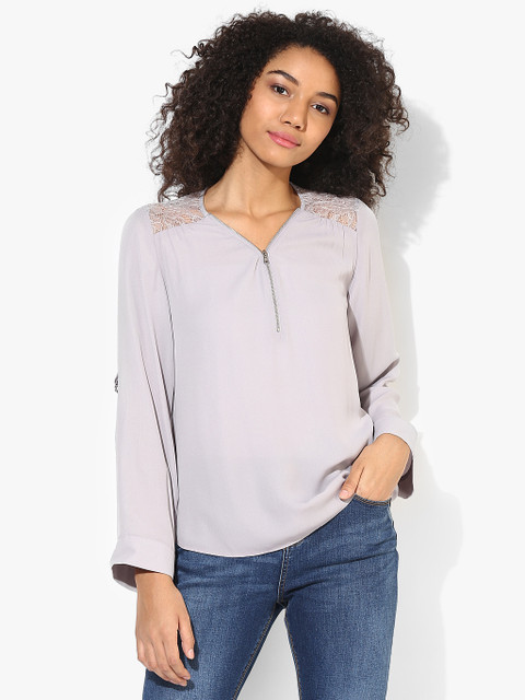

Grey Lace Zip Front Top