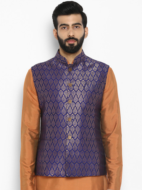 

ethnix Men Blue Woven Design Nehru Jacket