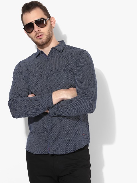 

Navy Blue Self Design Slim Fit Casual Shirt