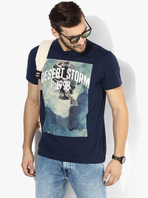 

Navy Blue Printed Slim Fit Round Neck T-Shirt