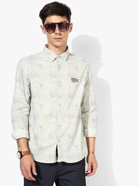 

Cream Printed Slim Fit Casual Shirt