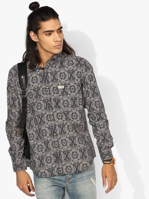 Navy Blue Printed Slim Fit Casual Shirt