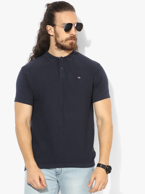 

Navy Blue Self Design Polo Collar T-Shirt
