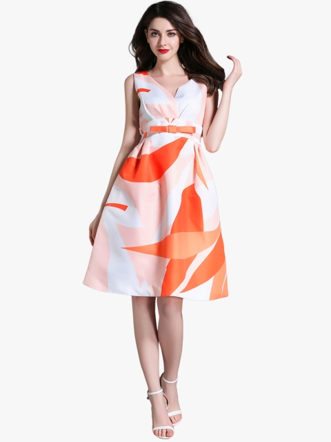 

JC Collection Women White & Orange Printed Fit & Flare Dress