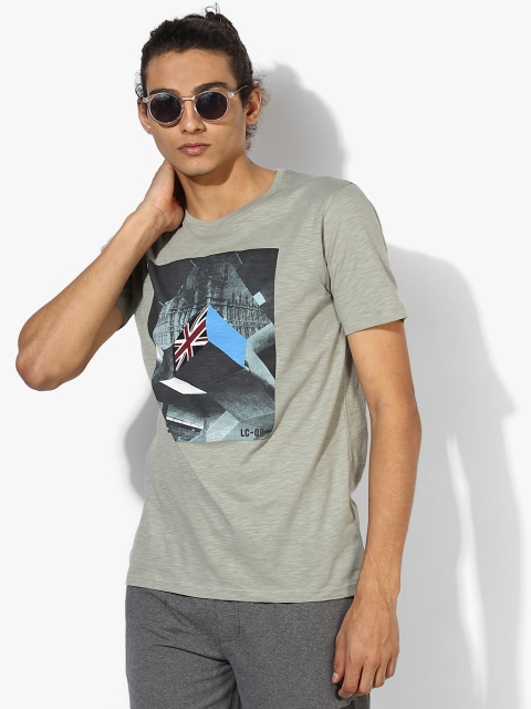 

Green Printed Regular Fit Round Neck T-Shirt, Grey