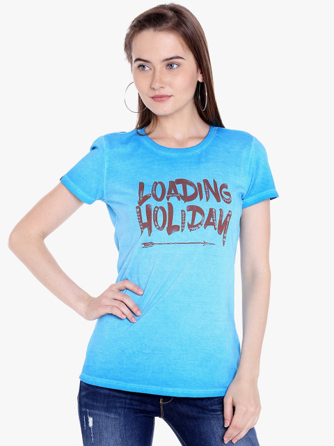 

SPYKAR Women Blue Printed Round Neck T-shirt