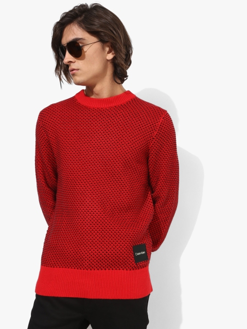 

Red Self Design Round Neck Sweater