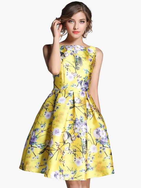 

JC Collection Women Yellow & Purple Coloured Printed Skater Dress