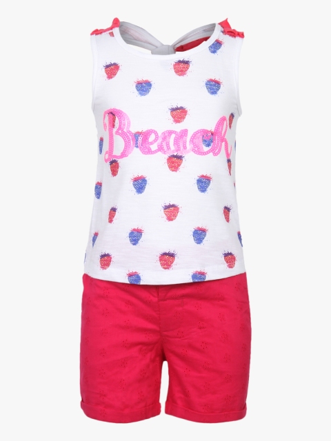 

FS Mini Klub Girls White & Pink Printed Top with Schiffli Embroidered Shorts