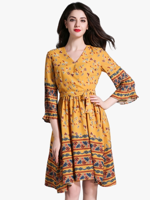 

JC Collection Women Mustard Yellow & Navy Printed Fit & Flare Dress