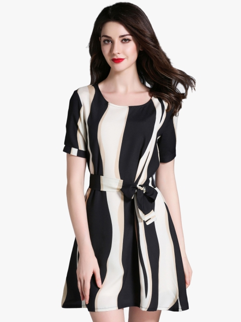 

JC Collection Women Black & Beige Striped A-Line Dress