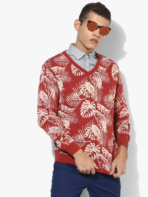 

Red Printed V Neck Sweater