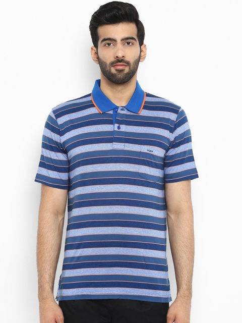 

ColorPlus Men Blue Striped Polo Collar Pure Cotton T-shirt