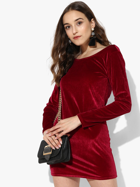 

JC Collection Women Maroon Solid Bodycon Dress with Velvet Finish