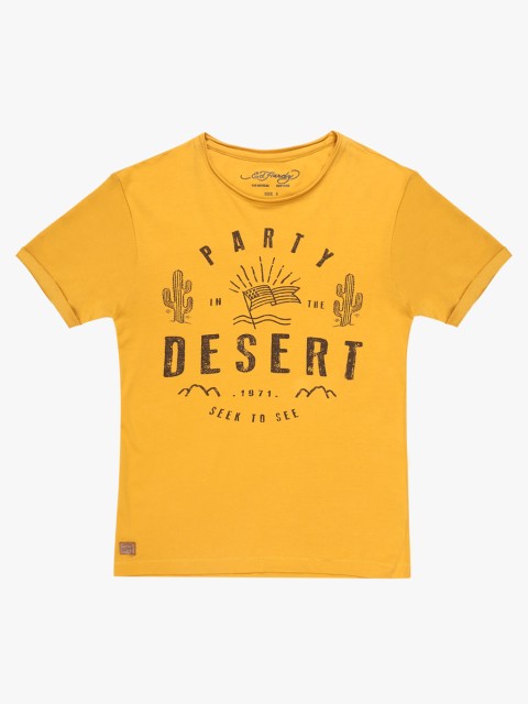 

Yellow Printed Slim Fit Round Neck T-Shirt
