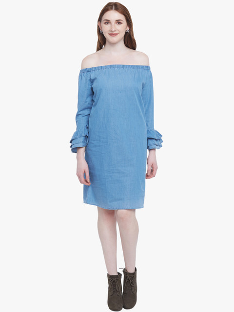 

SF JEANS by Pantaloons Blue Solid Chambray Off Shoulder Shift Denim dress