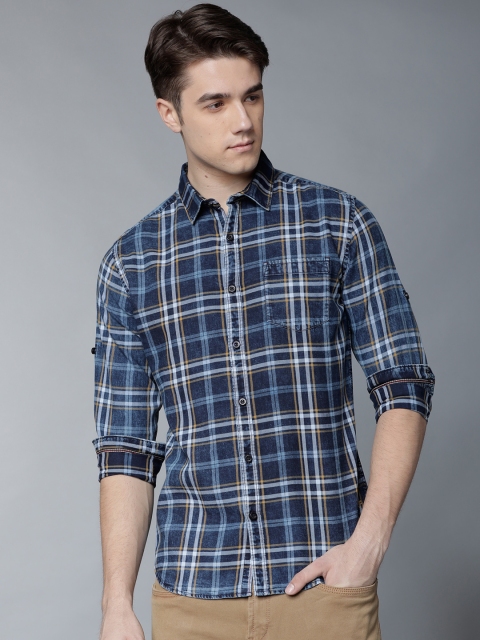 

LOCOMOTIVE Men Navy Blue & Mustard Slim Fit Checked Casual Shirt