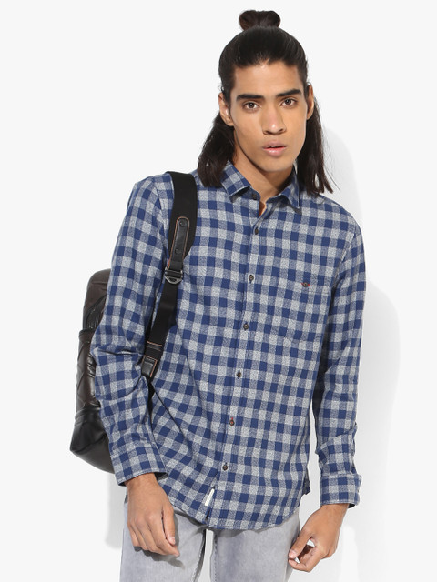 

Navy Blue Checked Regular Fit Casual Shirt