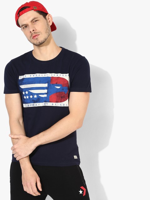 

Navy Blue Printed Slim Fit Round Neck T-Shirt