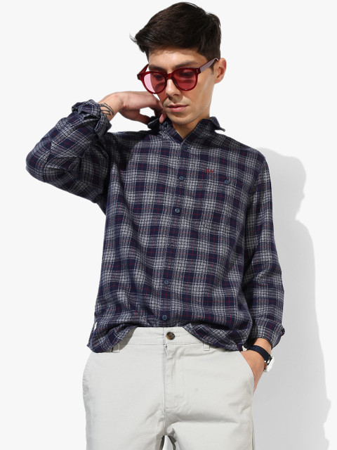 

Navy Blue Checked Slim Fit Casual Shirt