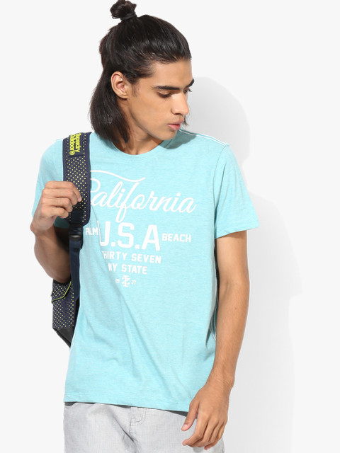 

Turquoise Blue Printed Slim Fit Round T-Shirt