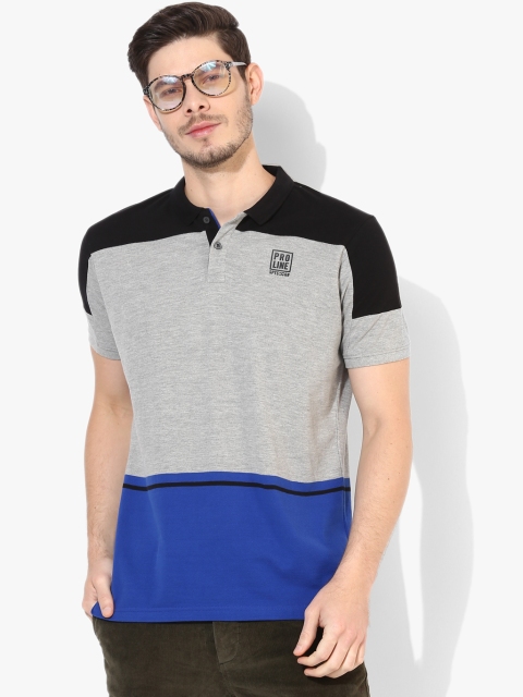 

Proline Men Grey Melange Colourblocked Polo Collar T-shirt