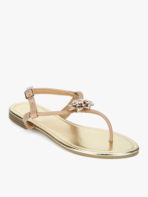 

Beige Embellished Ankle Strap Flat Sandals