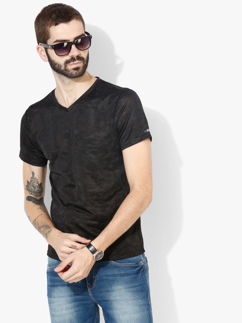 

Black Self Design Slim Fit V-Neck T-Shirt