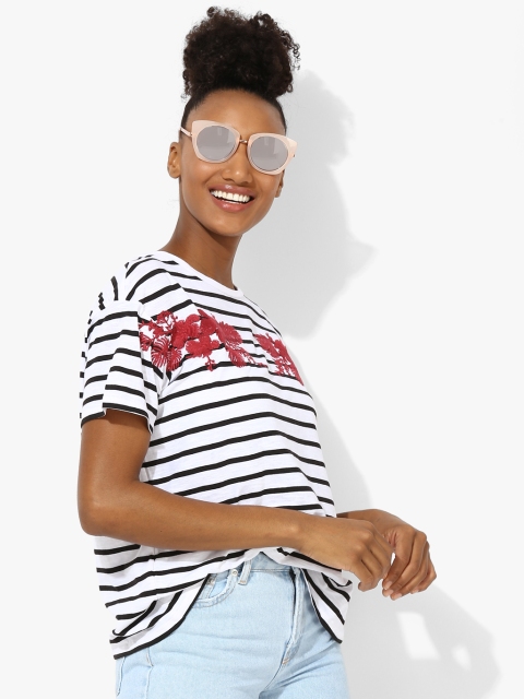 

White striped Regular Fit Round Neck T-Shirt, Black
