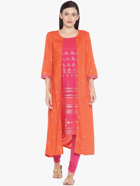 

RANGMANCH BY PANTALOONS Women Orange & Pink Printed A-Line Layered Kurta
