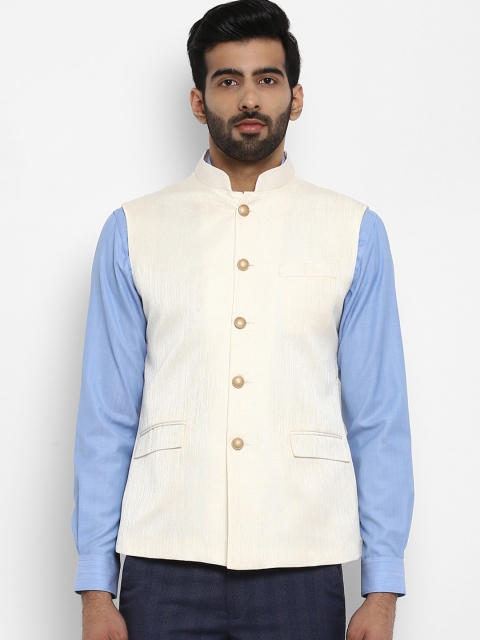 

ethnix Men White Solid Woven Nehru Jacket